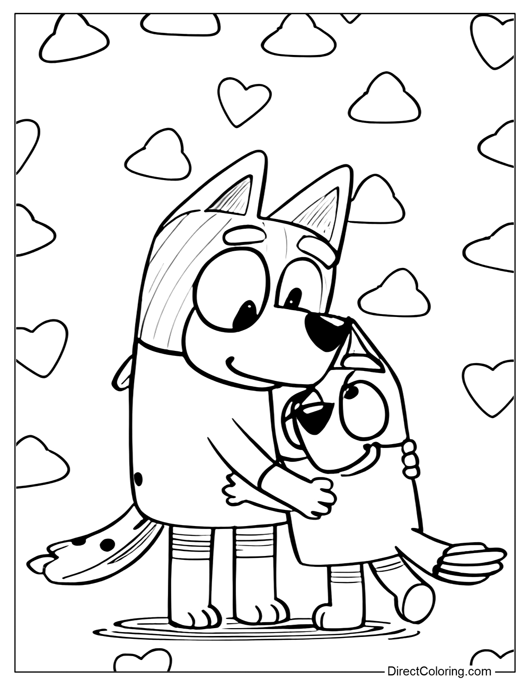 Bluey and Bingo Heart Hug Coloring Page
